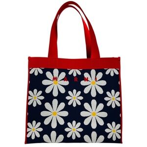 MARNI NAVY BLUE / WHITE / YELLOW / RED LOGO FLORAL DAISY KNIT FABRIC TOTE BAG